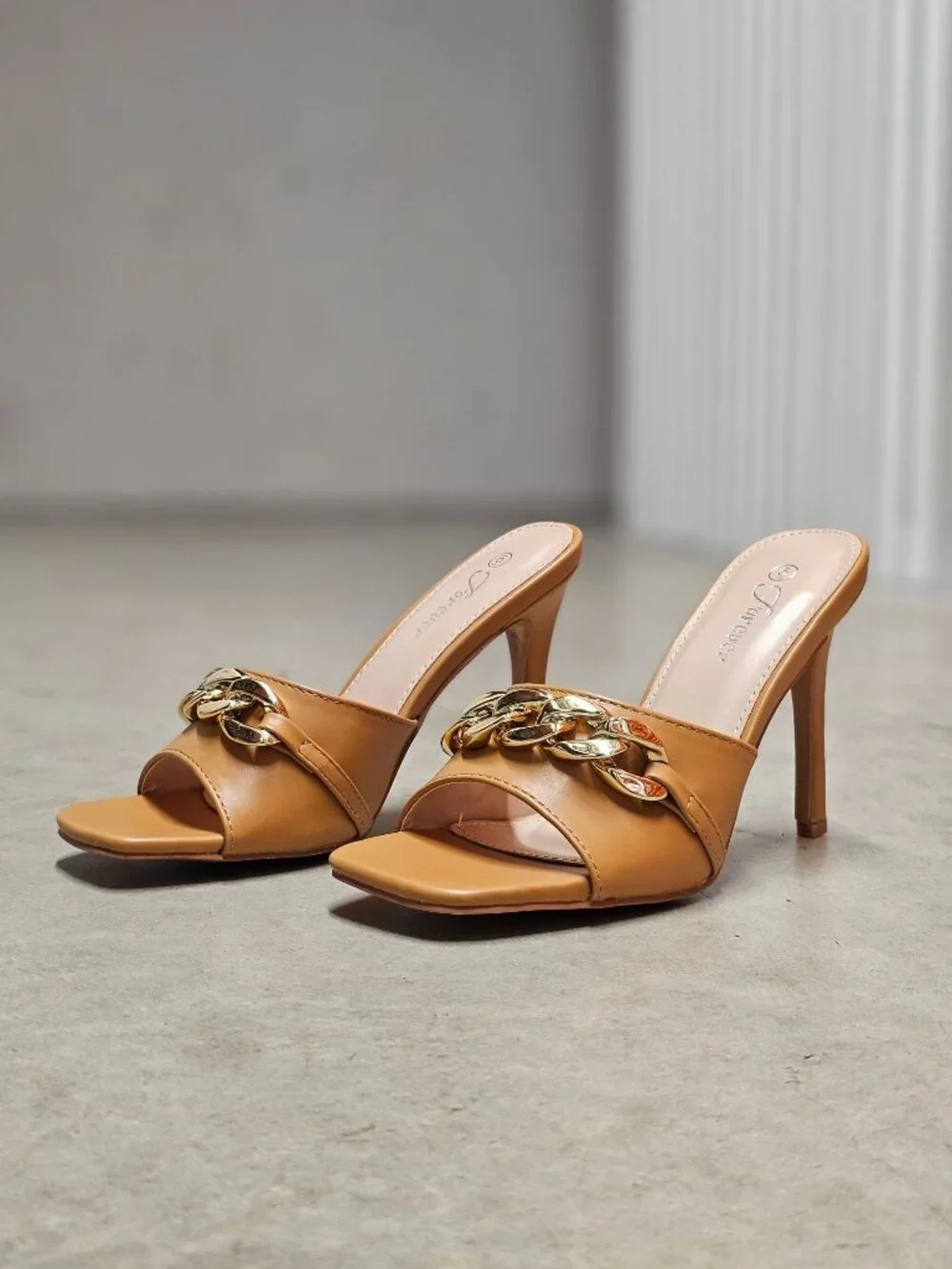 Tan Open-Toe Stiletto Heels With Gold Chain Detail